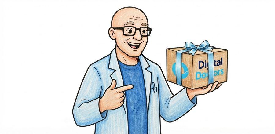 Digital Doctors Online mascot holding a wrapped competition prize box