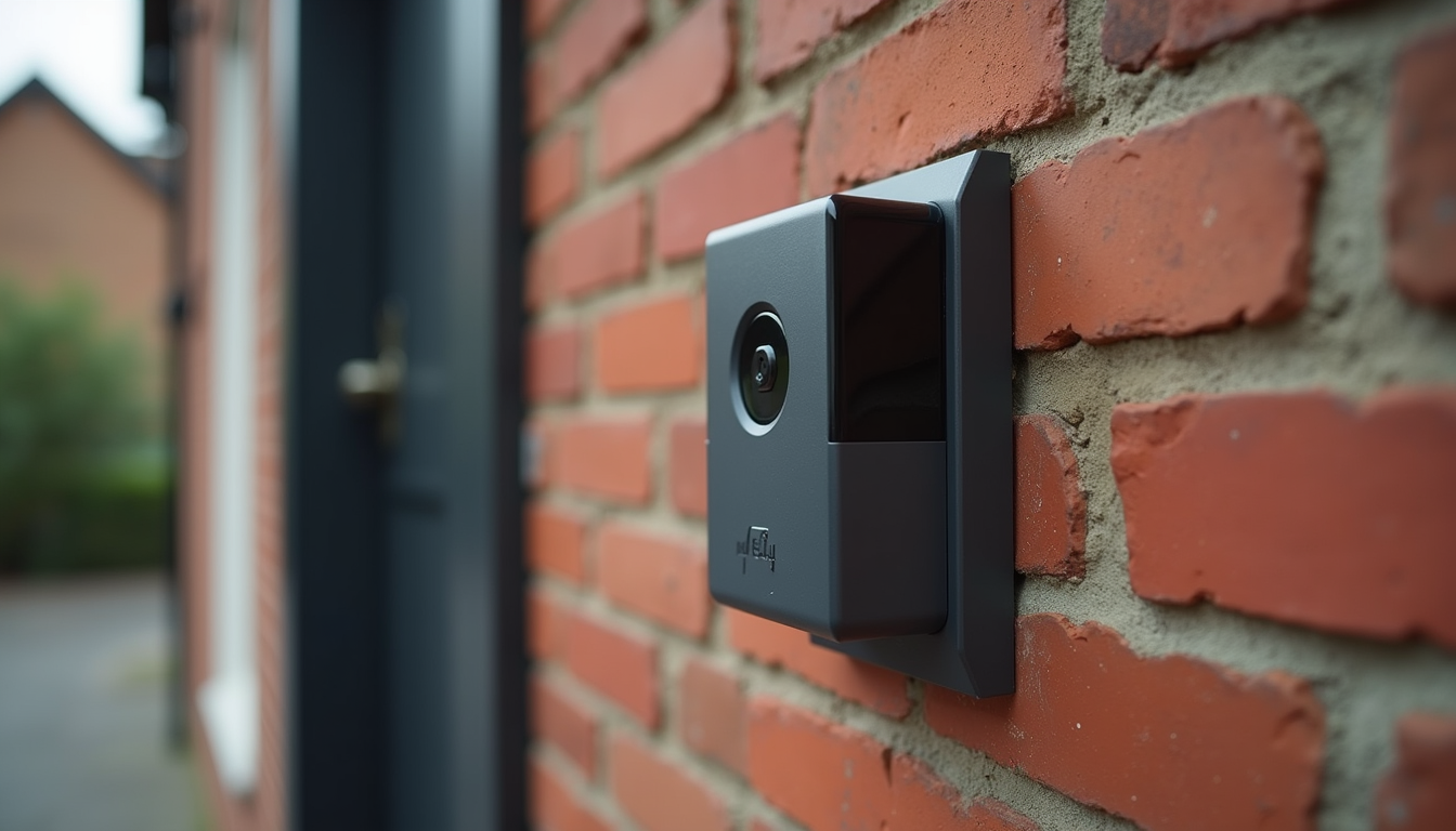 Eye-level view of Eufy doorbell mounted on a brick wall with angle wedge