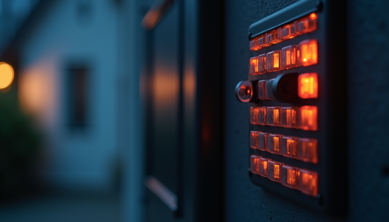 Close-up view of a home security control panel with illuminated buttons