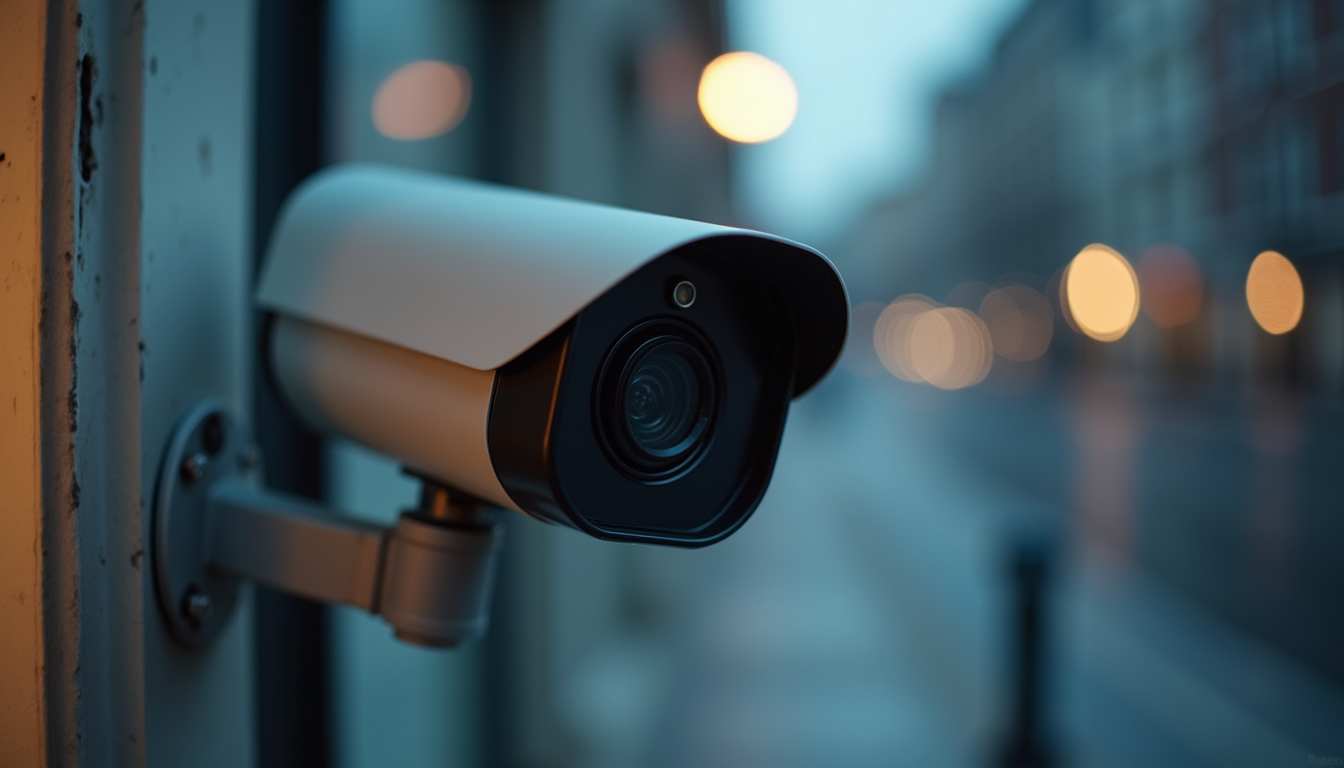 Close-up of a wireless security camera with night vision lens